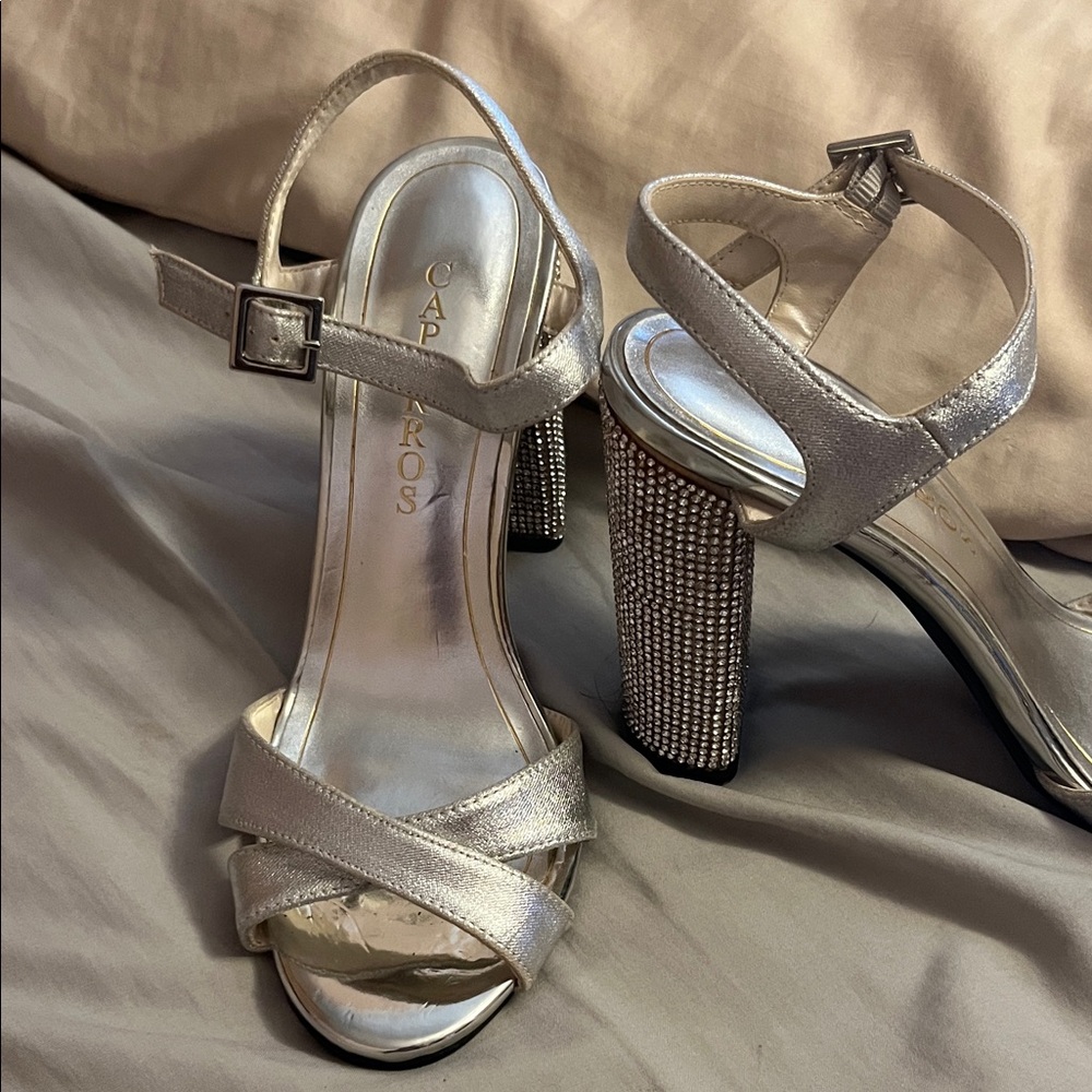Caparros Silver Strappy Heels with Rhinestone Block Heel